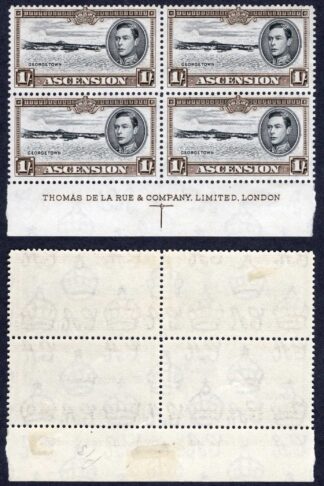 Ascension SG44a 1/- Perf 13 imprint block (3 x U/M) Cat 30 pounds