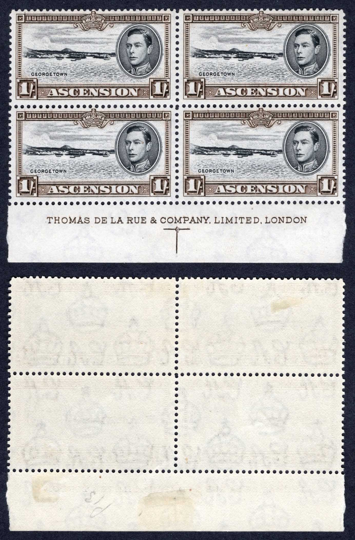 Ascension SG44a 1/- Perf 13 imprint block (3 x U/M) Cat 30 pounds