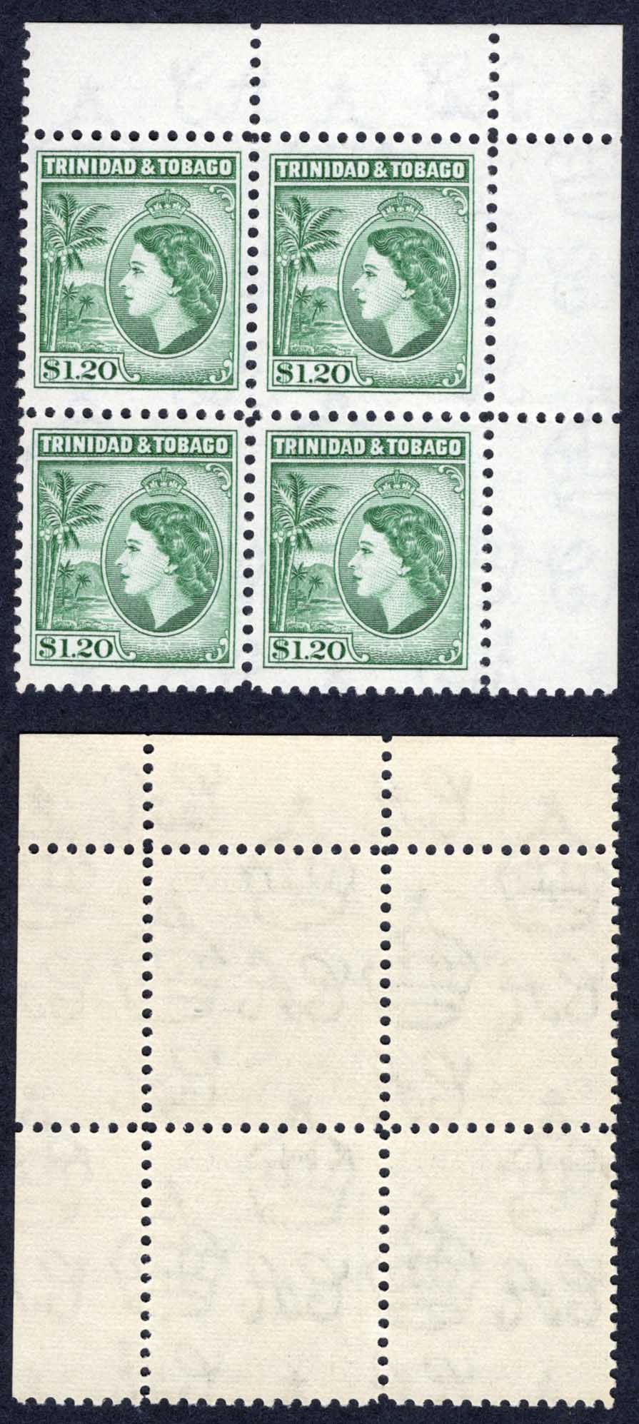 Trinidad and Tobago SG277 One Dollar 20c Perf 12 U/M Corner Block of 4 Cat 8 pounds