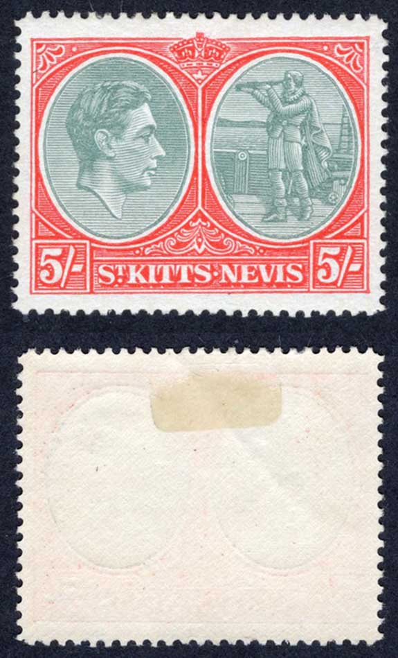 St Kitts Nevis SG77c 5/- Green and Scarlet-vermilion Chalky M/M Cat 55 pounds