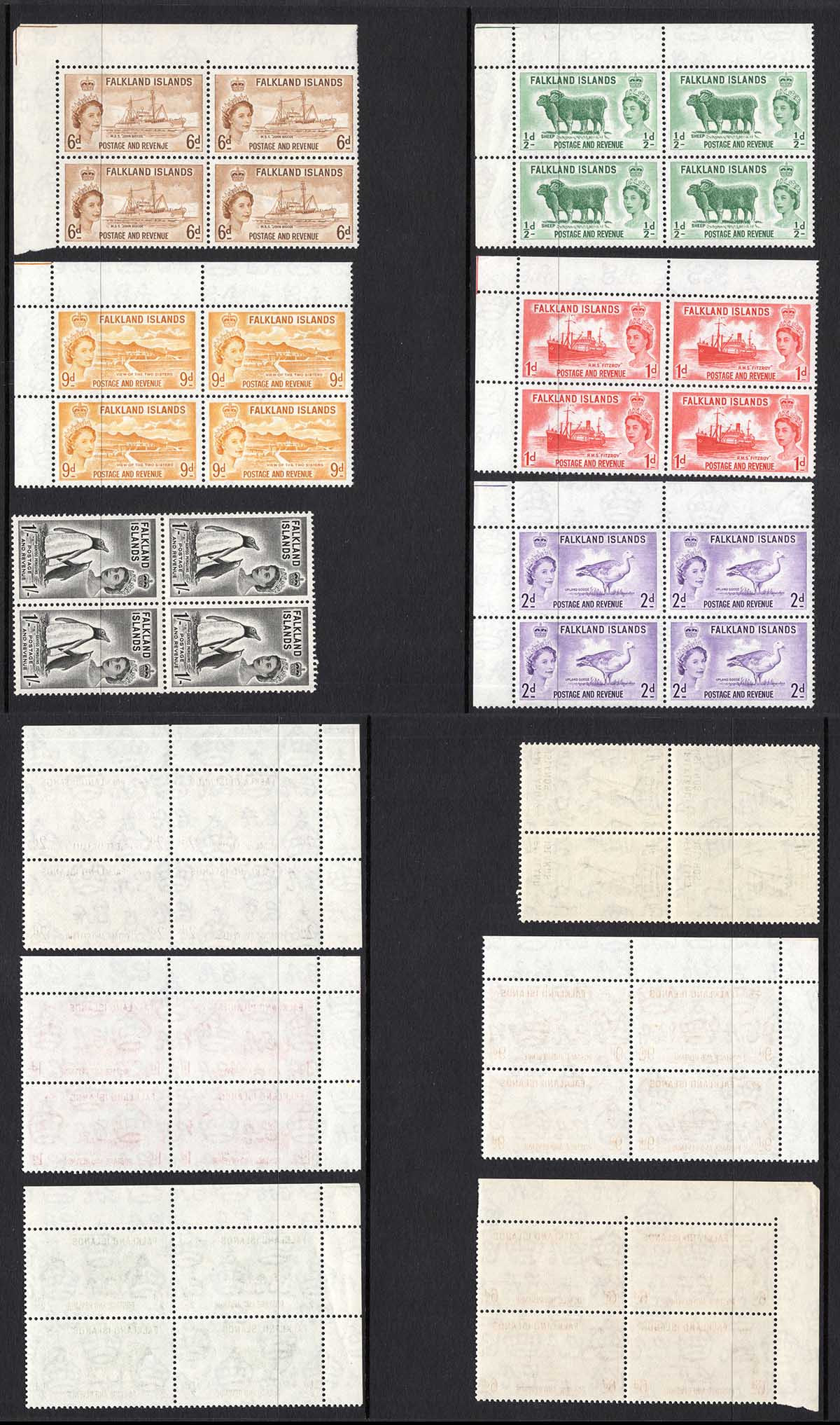 Falkland Is SG187/92 1955 Set of 6 in U/M Blocks Cat 200 pounds
