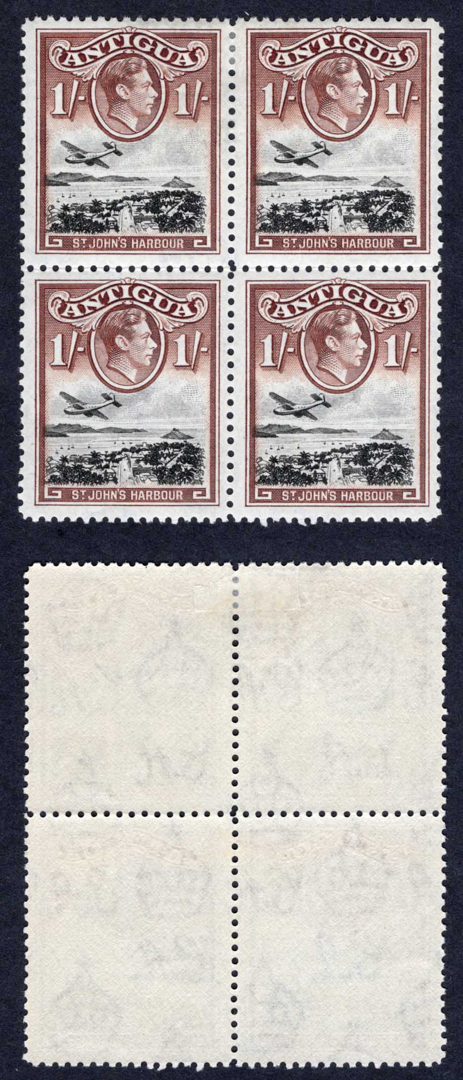 Antigua SG105 KGVI 1/- Black and Brown 2 x U/M Cat 32 pounds