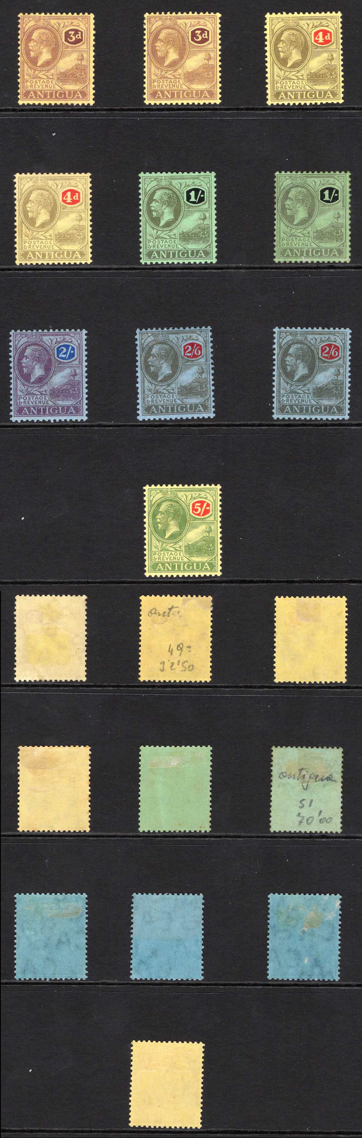Antigua SG55/60 Set to 5/- plus shades (no pound) Wmk Mult CA Cat 82 pounds