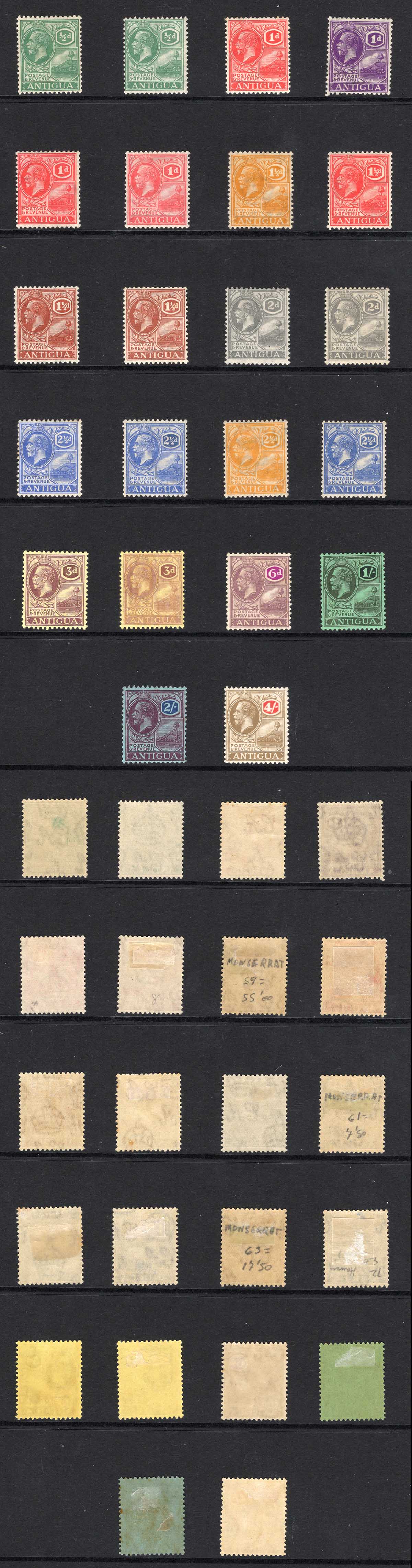 Antigua SG60/880 Set but no 2/6 and 3/- plus shades M/M wmk Script