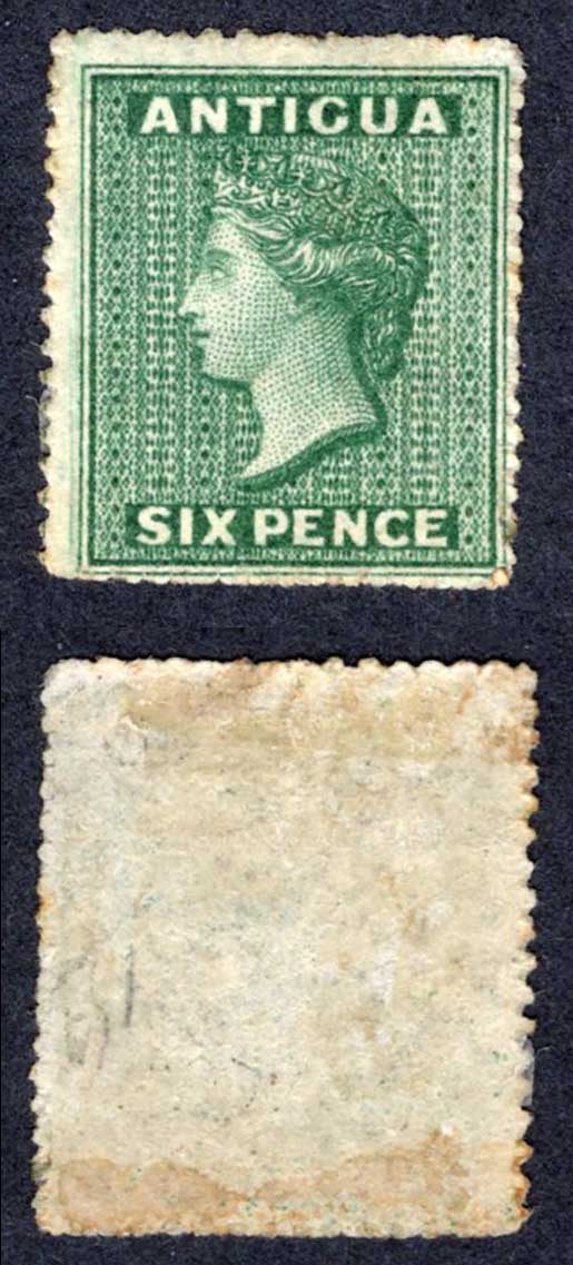 Antigua SG1 6d Blue-green no wmk Rough Perf 14 to 16 Mint Cat 800 pounds