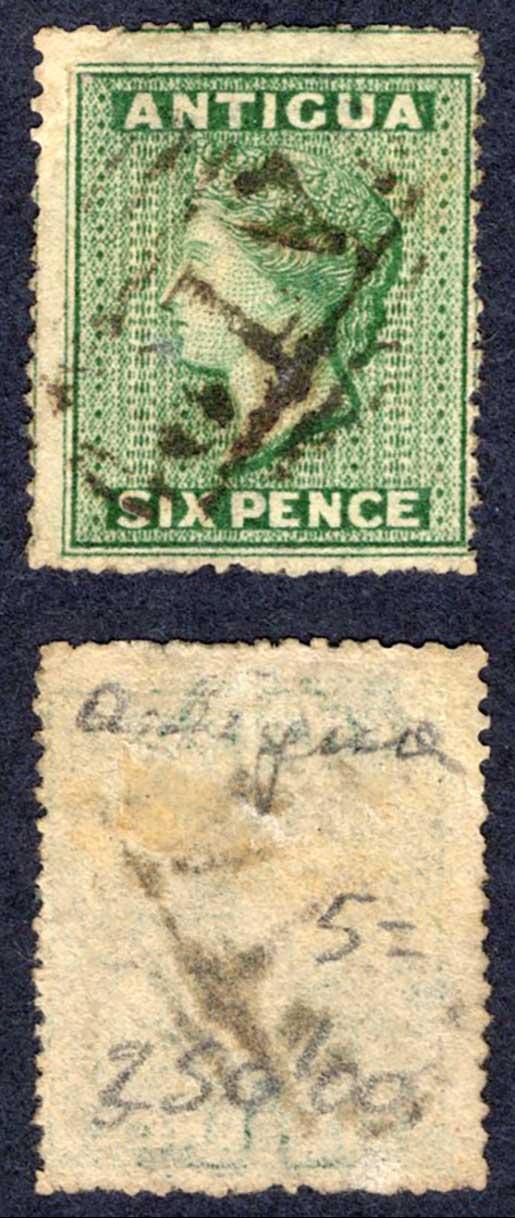 Antigua SG9 6d Dark Green Wmk Small Star used Cat 28 pounds