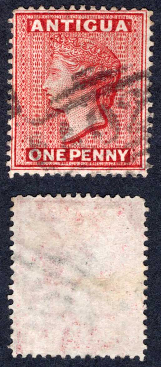 Antigua SG17x 1d lake-rose Wmk CC reversed fine used Cat 35 pounds