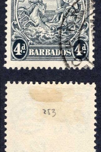 Barbados SG253b 4d Perf 13 x 13.5 Curved line at top Used Cat 75 pounds