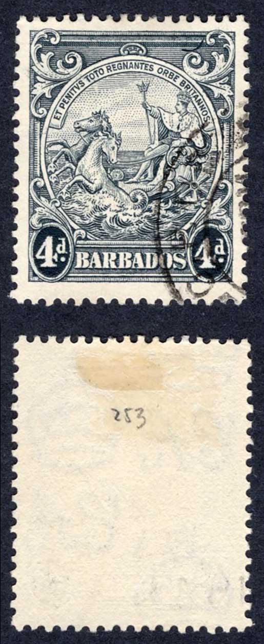 Barbados SG253b 4d Perf 13 x 13.5 Curved line at top Used Cat 75 pounds