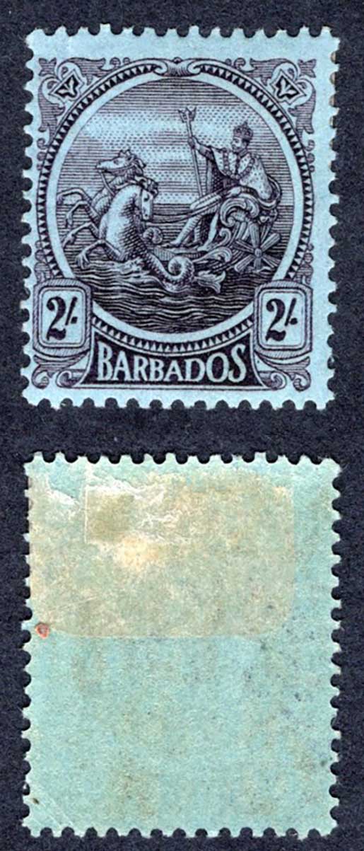 Barbados SG227 2/- Purple/blue M/M Cat 12 pounds