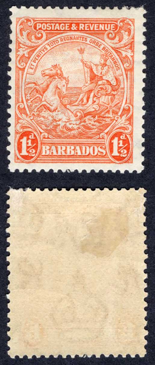 Barbados SG231da 1932 1 1/2d Orange Perf 13 x 12 M/M Cat 11 pounds