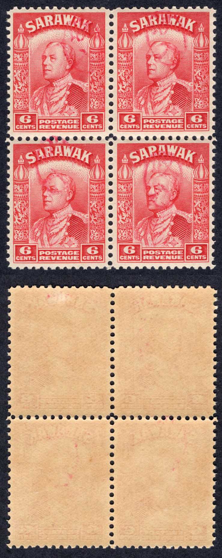Sarawak BF69 6c Carmine U/M Block of FOUR