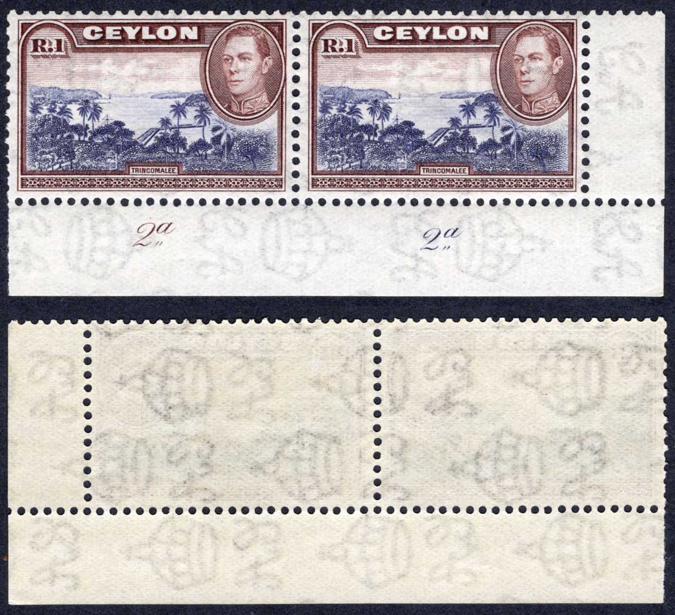 Ceylon SG395 1R Wmk Sideways Plate Pair Cat 52++ Pounds