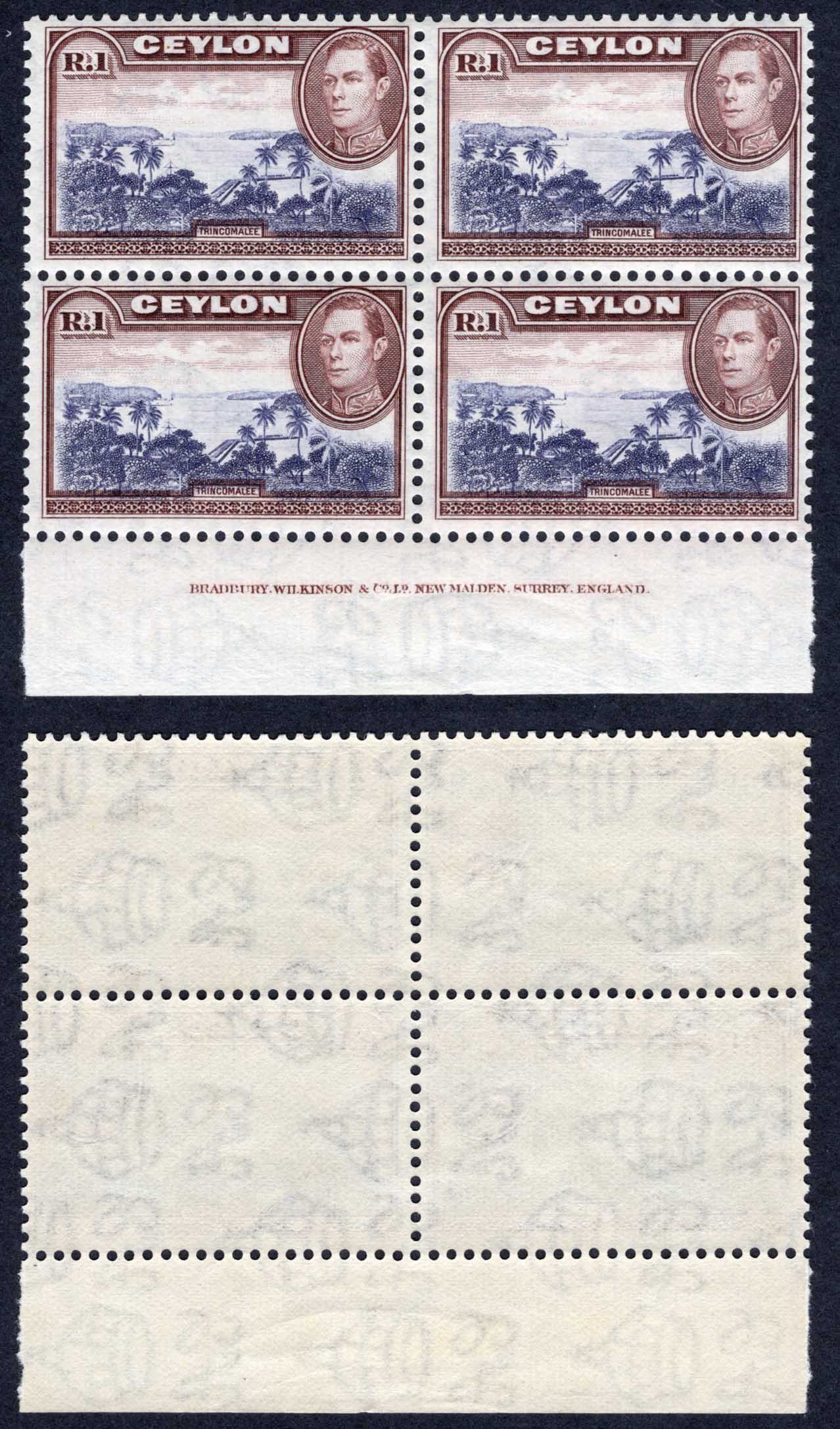 Ceylon SG395 1R Wmk Sideways Imprint Block U/M Cat 104 Pounds
