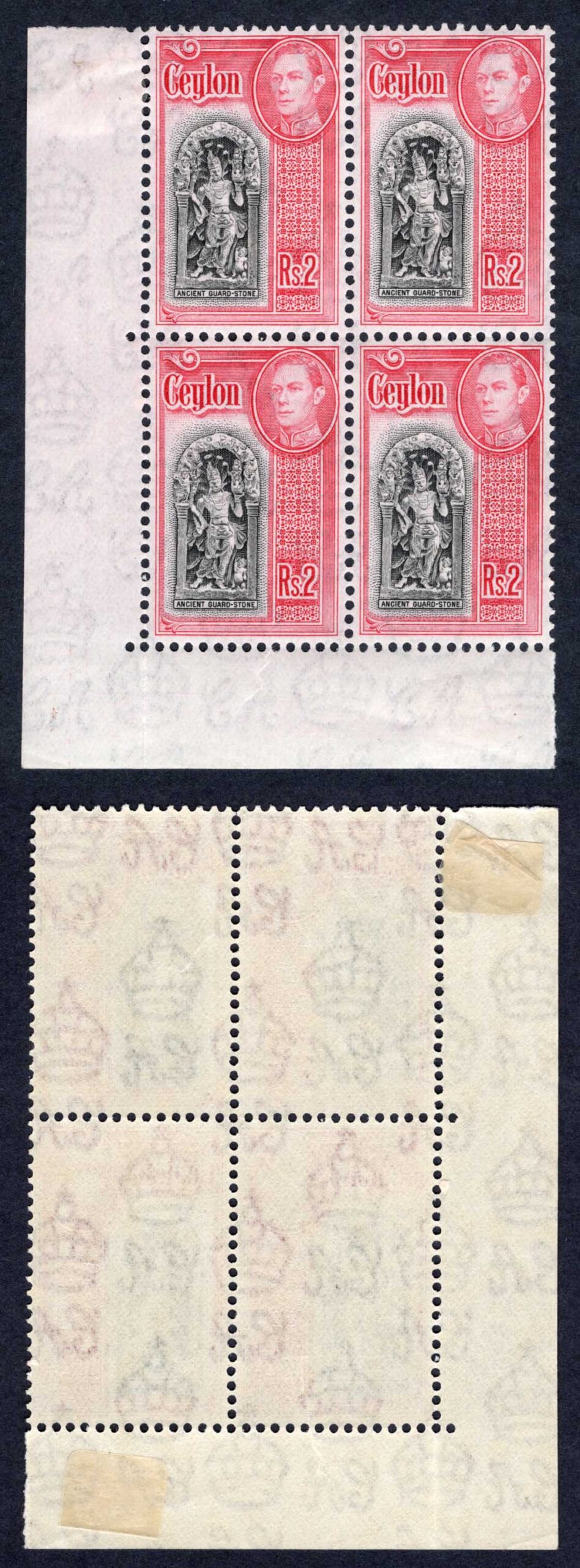 Ceylon SG396 2R Black and Carmine a Corner Block of Four U/M Cat 92 Pounds