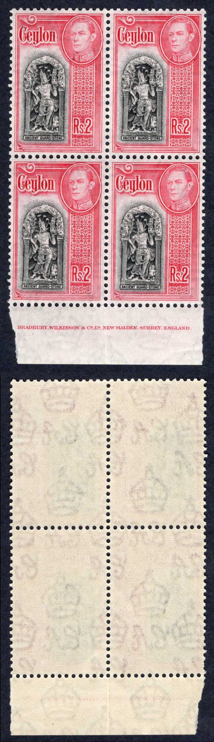 Ceylon SG396 2R Black and Carmine a Imprint Block of Four U/M Cat 92 Pounds