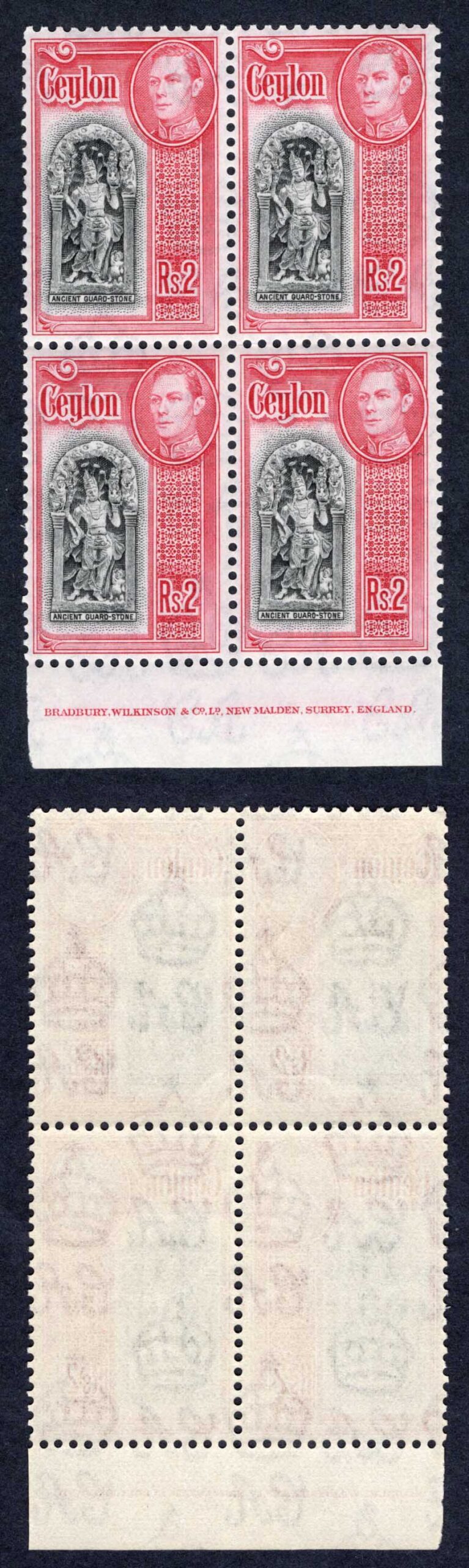 Ceylon SG396 2R Black and Carmine a Imprint Block of Four U/M Cat 92 Pounds