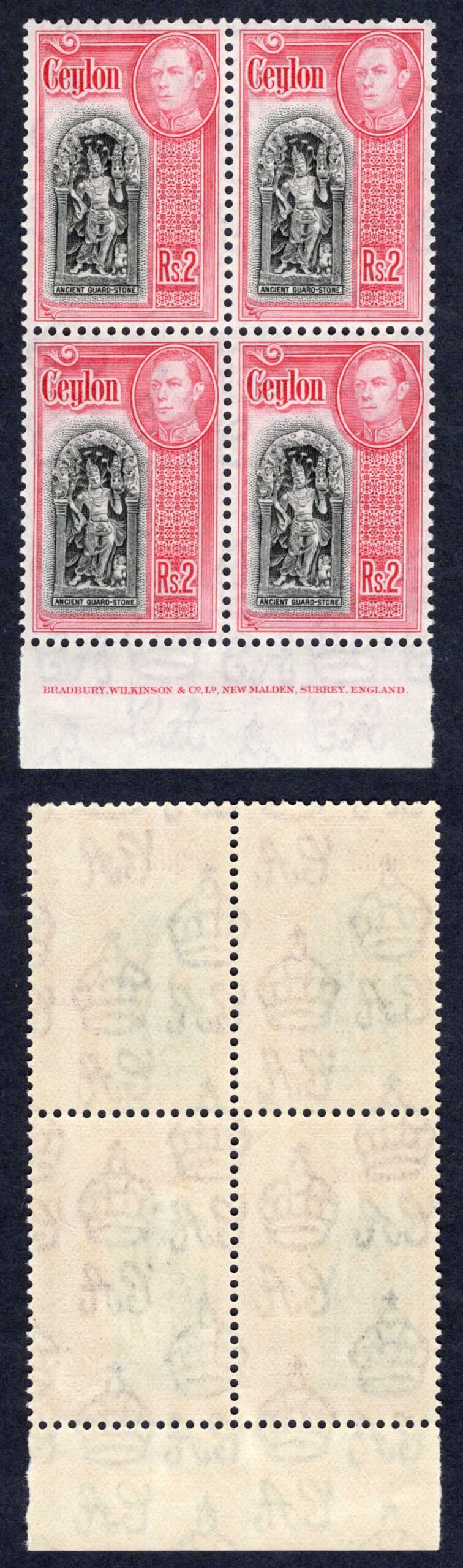 Ceylon SG396 2R Black and Carmine a Imprint Block of Four U/M Cat 92 Pounds