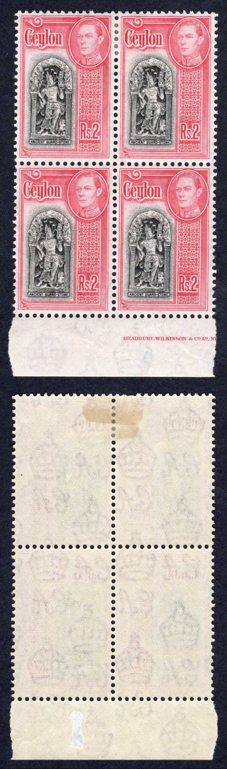 Ceylon SG396 2R Black and Carmine a Imprint Block of Four 2 x U/M Cat 92 Pounds