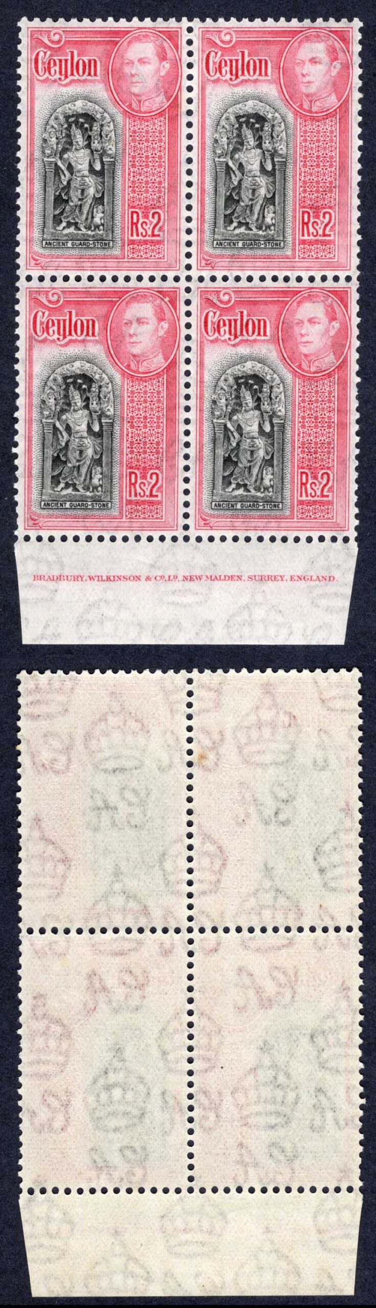 Ceylon SG396 2R Black and Carmine a Imprint Block of Four U/M Cat 92 Pounds