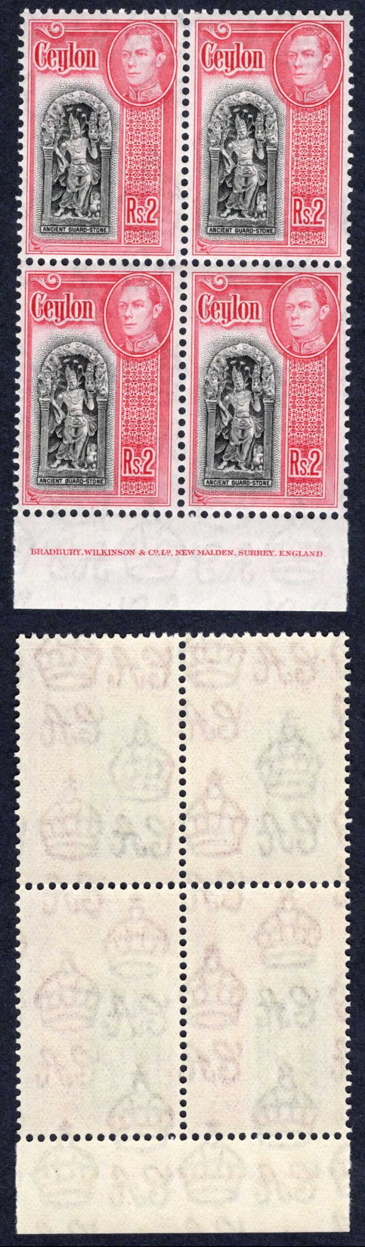 Ceylon SG396 2R Black and Carmine a Imprint Block of Four U/M Cat 92 Pounds