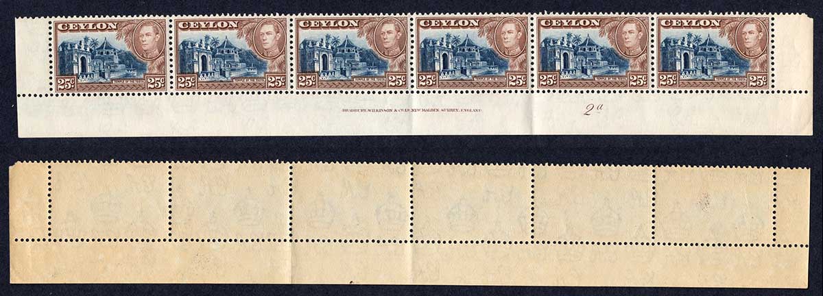 Ceylon SG392a 25c Wmk Upright U/M Strip of SIX (toned Gum) Cat 27 pounds
