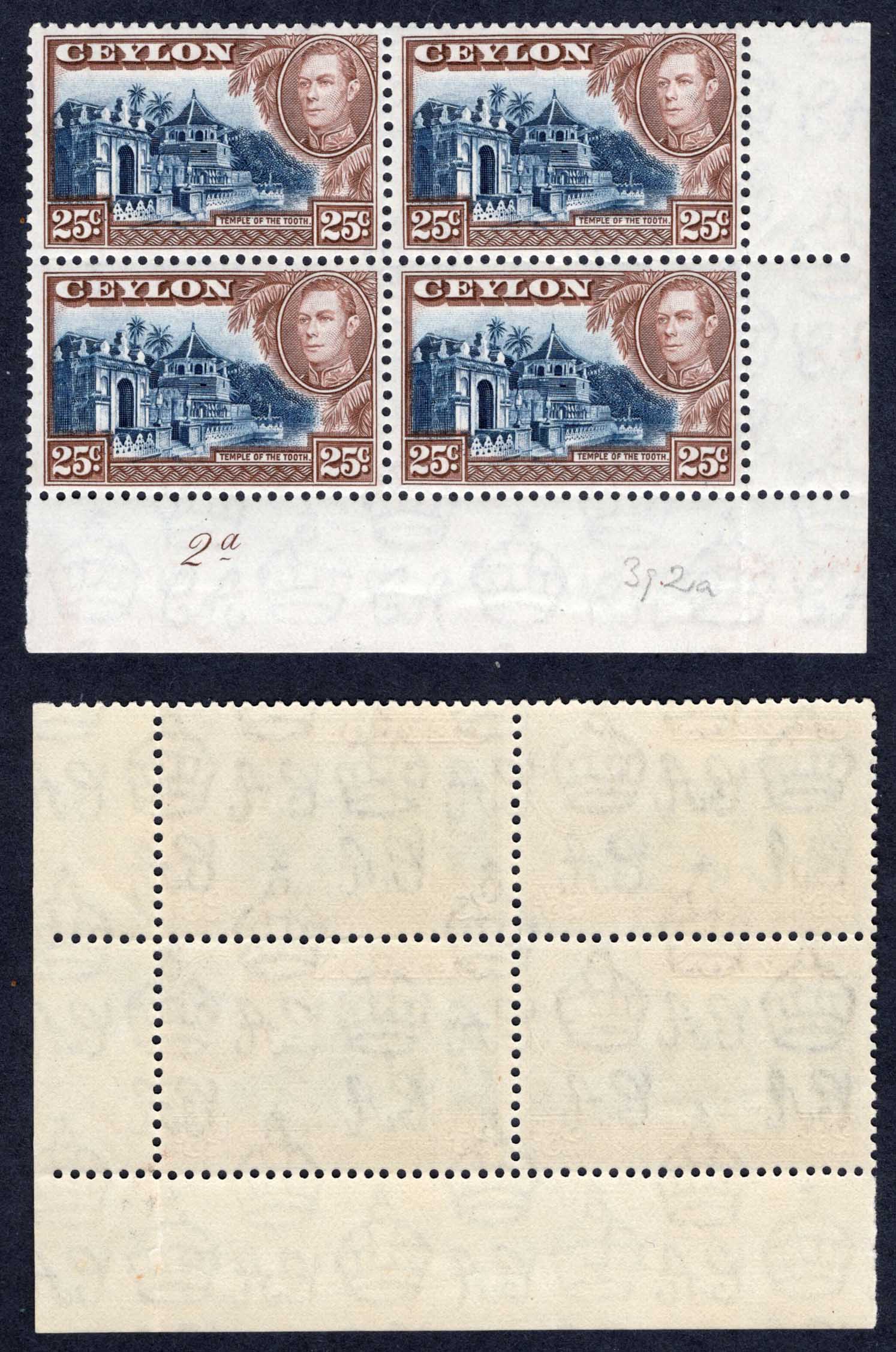 Ceylon SG392a 25c Wmk Upright U/M Plate Block of 4 Cat 18 pounds