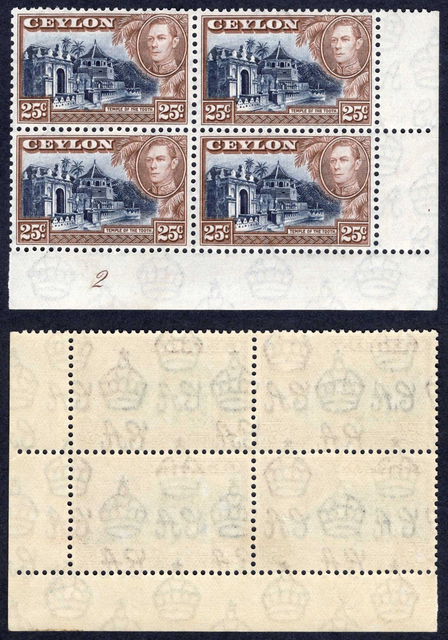 Ceylon SG392a 25c Wmk Upright U/M Plate Block of 4 Cat 18 pounds