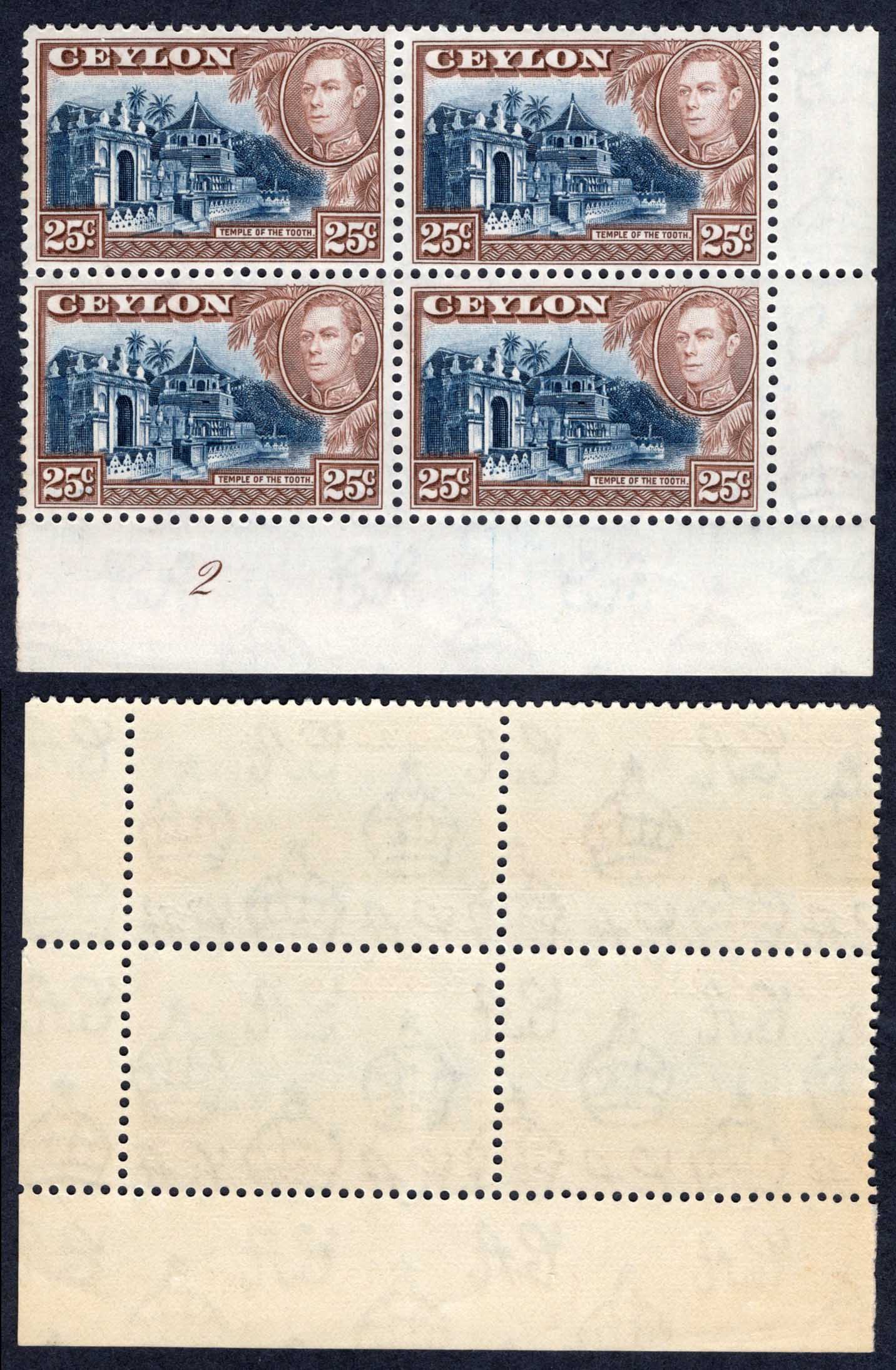 Ceylon SG392a 25c Wmk Upright U/M Plate Block of 4 Cat 18 pounds