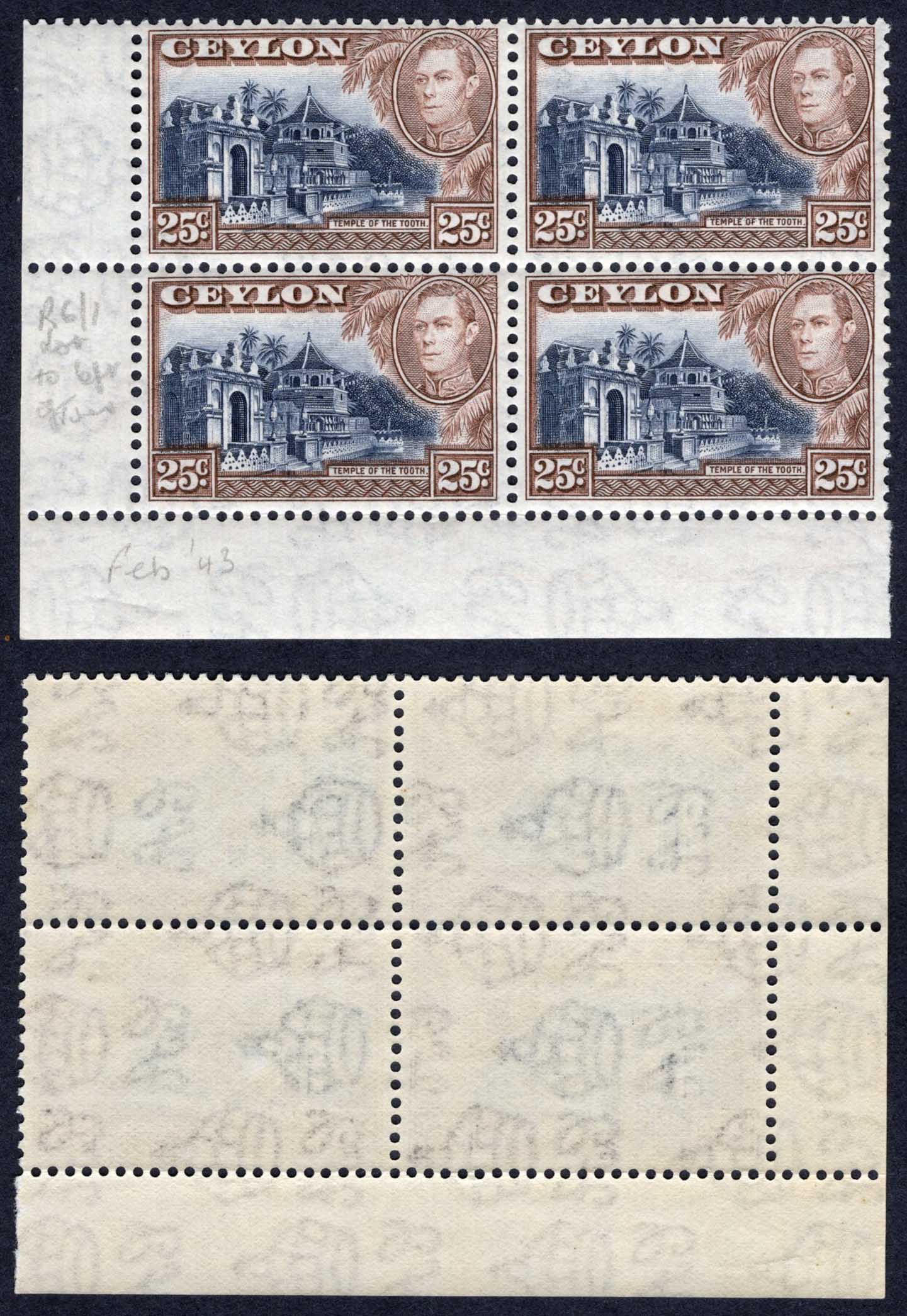 Ceylon SG392 25c Wmk Sideways U/M Block Cat 22 pounds