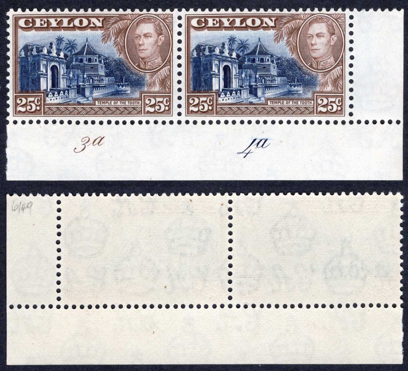 Ceylon SG392a 25c Wmk Upright U/M Plate Pair Cat 9 pounds