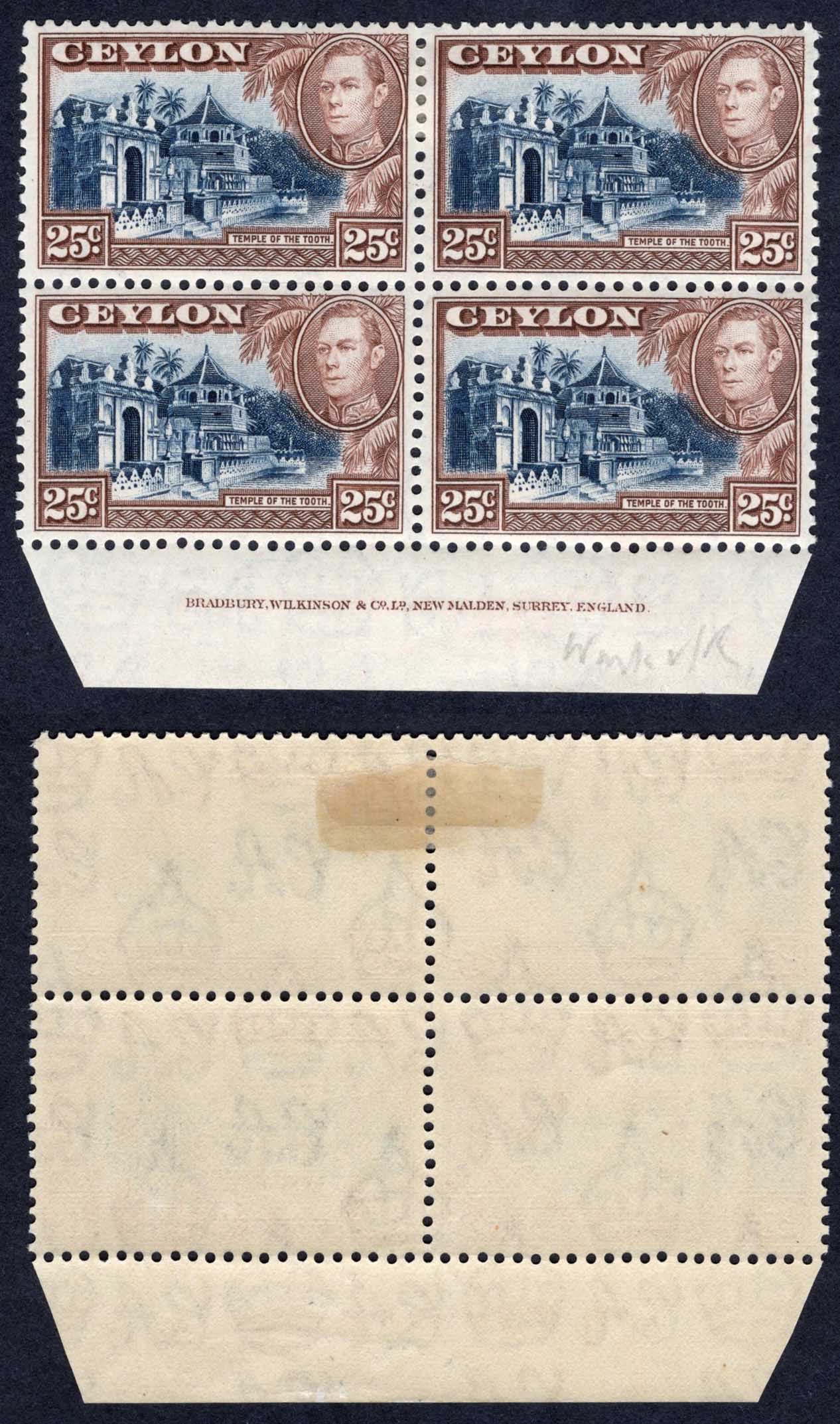 Ceylon SG392a 25c Wmk Upright U/M Block of 4 Cat 18 pounds
