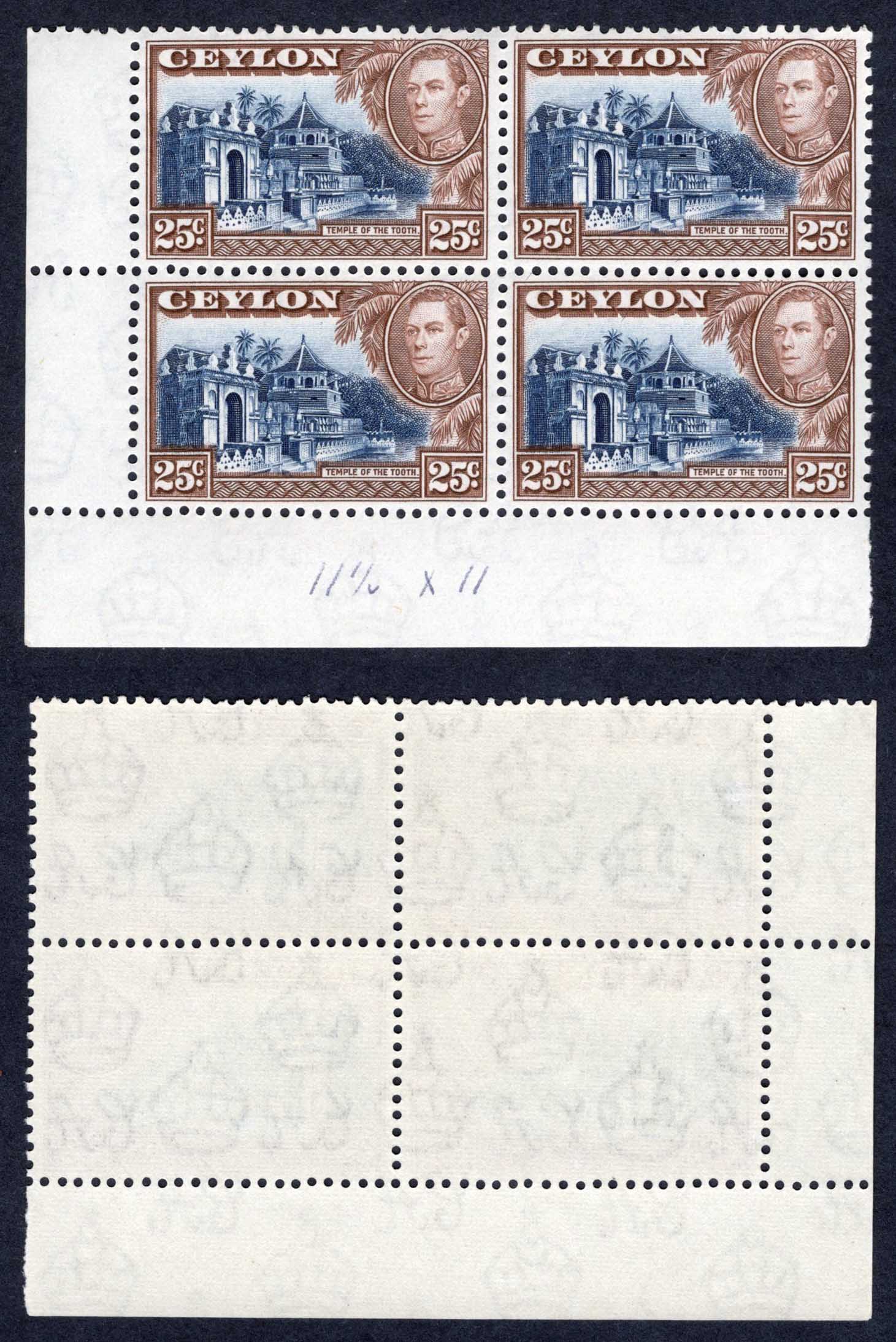 Ceylon SG392a 25c Wmk Upright U/M Block of 4 Cat 18 pounds