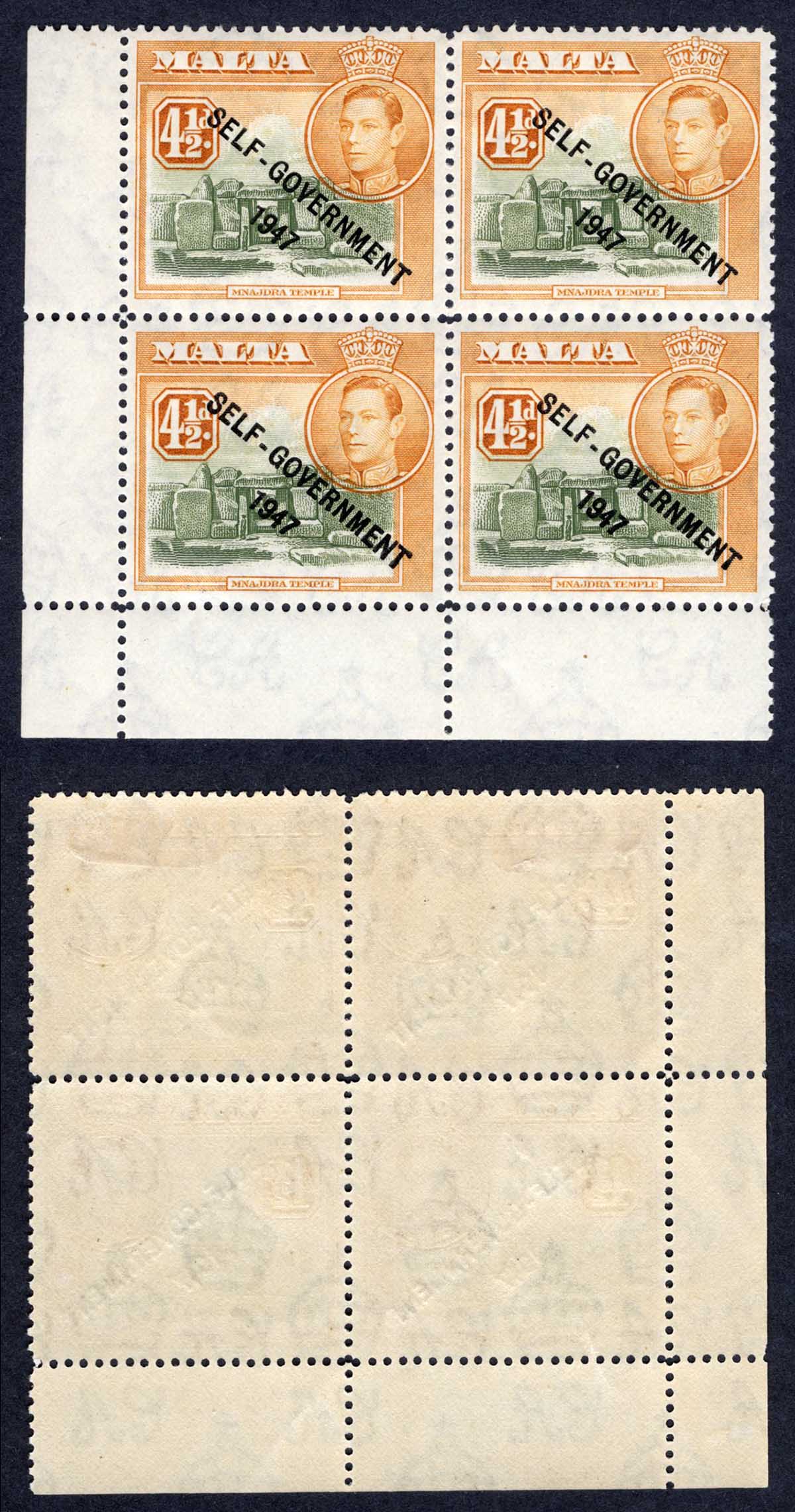 Malta SG241 4 1/2d Olive-green and Yellow-Brown Variety NT