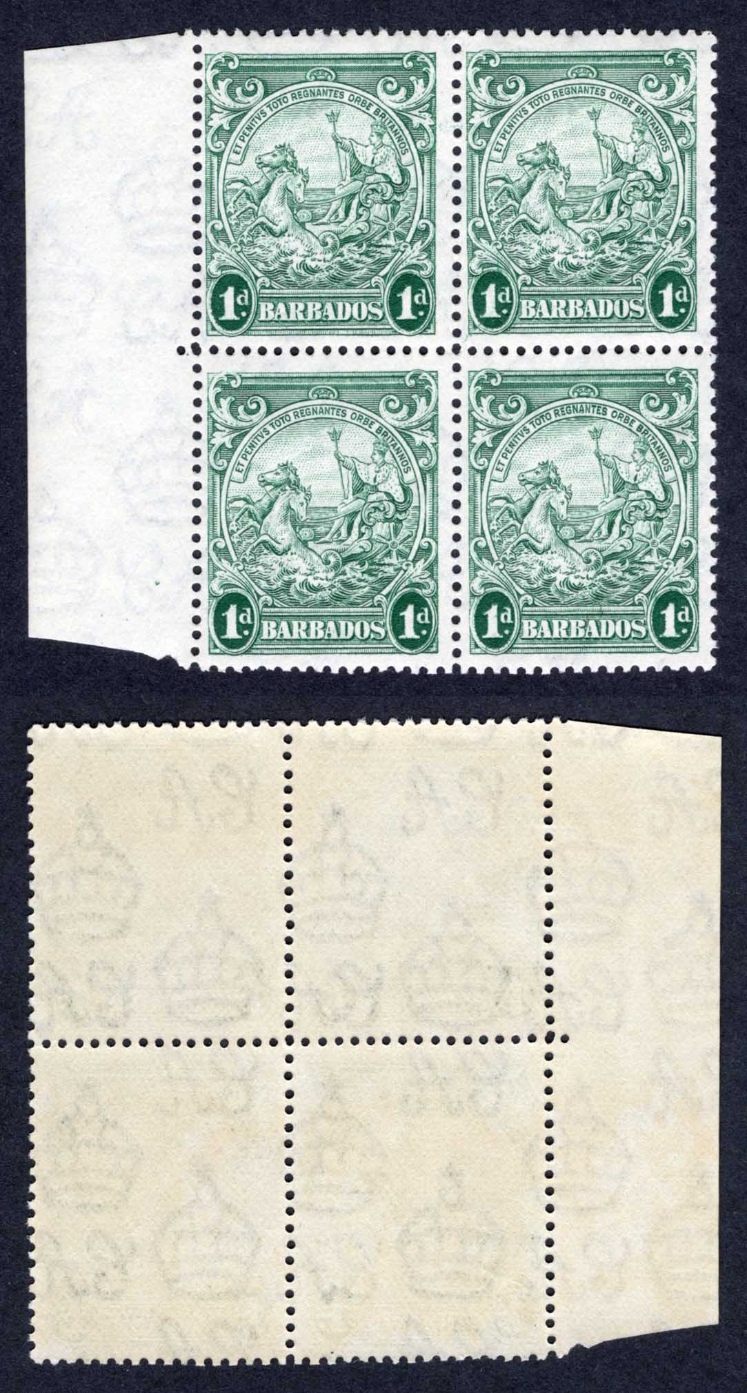 Barbados SG249b 1d Green CW4b Perf 13.5 x 14 Sky and Tes Retouch U/M