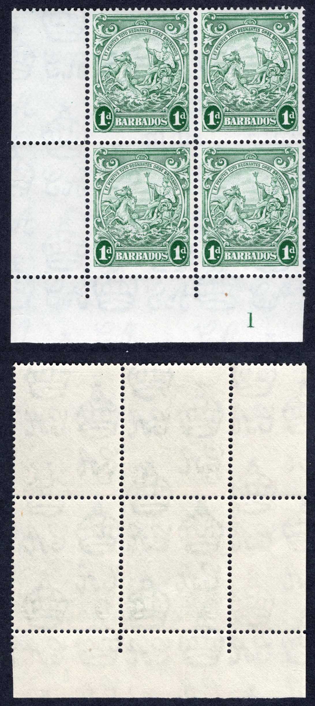 Barbados SG249c 1d Green CW20c Perf 14 Sky and Tes Retouch U/M