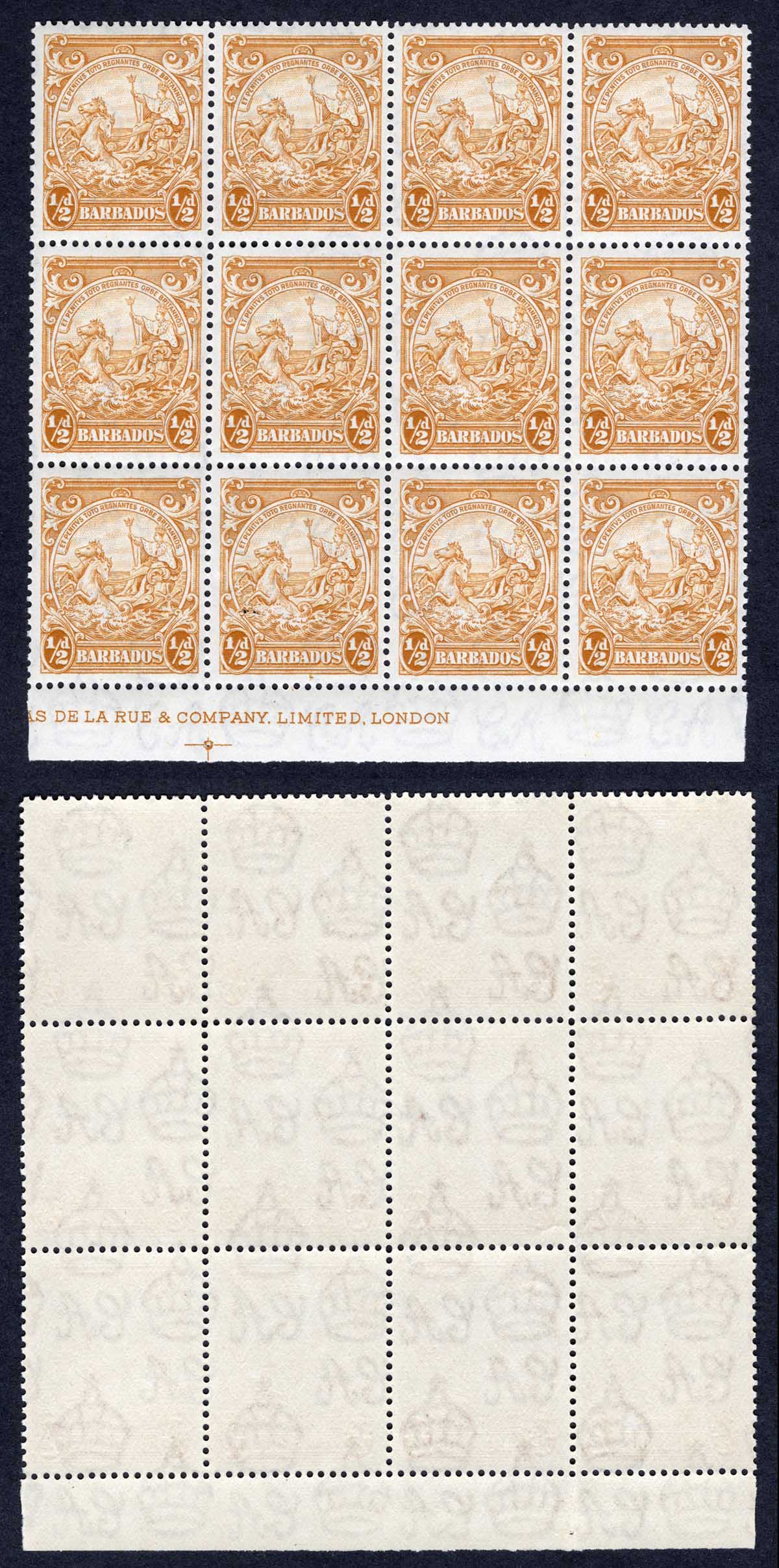 Barbados SG248cb 1/2d Yellow-bistre Re-cut Line U/M Cat 23 pounds