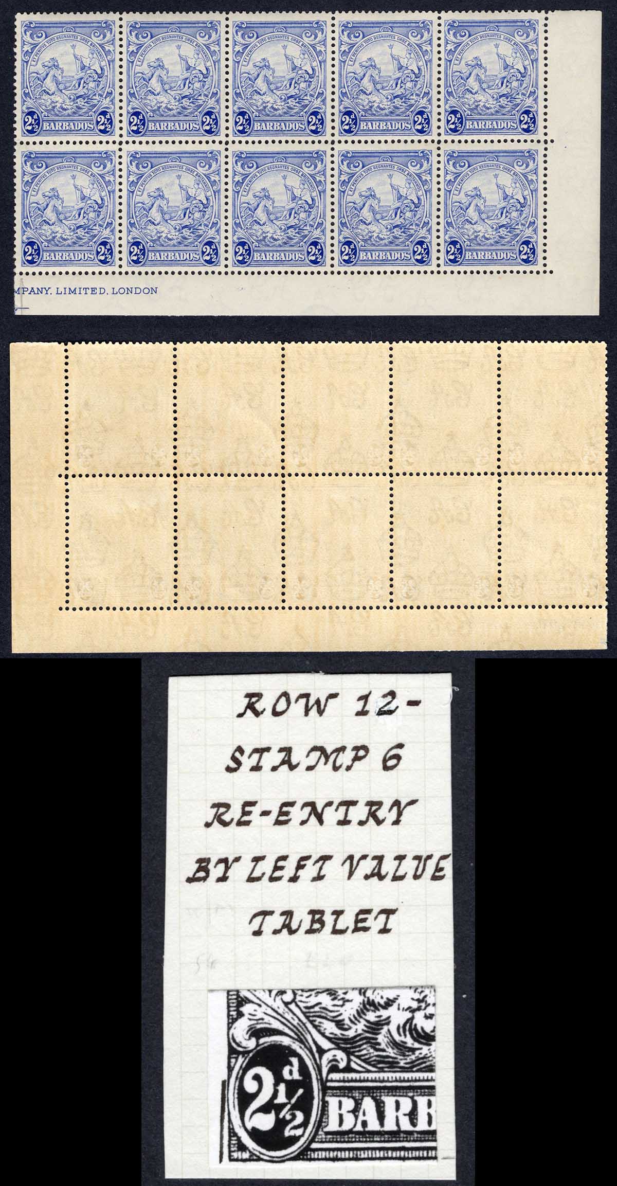 Barbados SG251 2 1/2d 12/6 Re-entry by left Value Tablet U/M