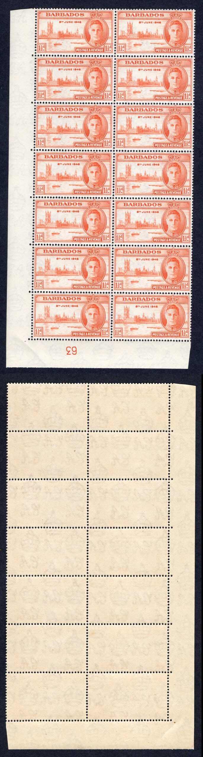 Barbados SG262a 1 1/2d Victory Two Flags on tug U/M Cat 45++ pounds