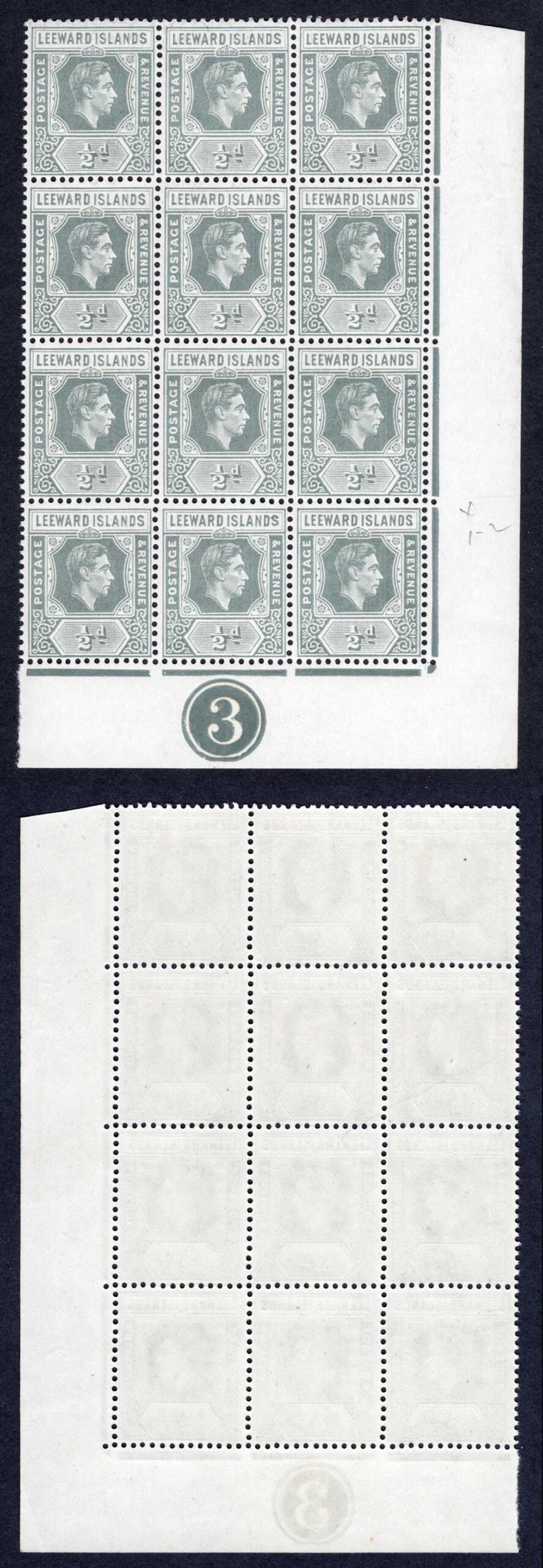 Leeward Is SG97 1/2d Slate-grey R10/5 and 10/6 Damaged S in Islands U/M