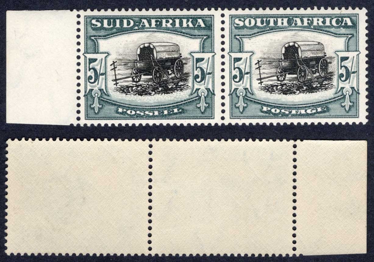 South Africa SG64b 5/- Black and Blue-green U/M BUCKET FLAW Cat 45+++ pounds