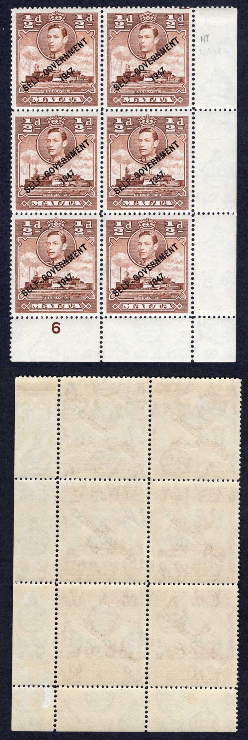 Malta SG235a 1/2d Joined NT in a U/M Plate Block Cat 20++ pounds