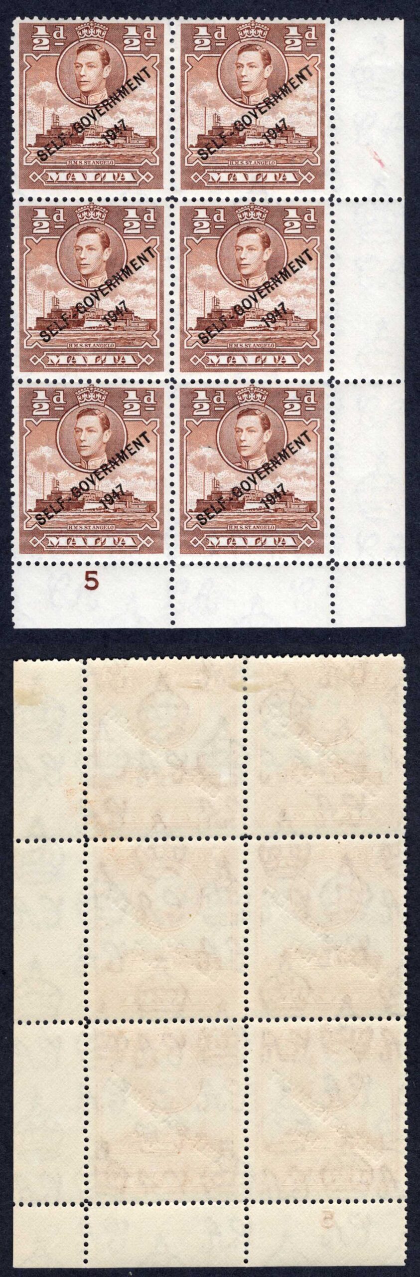Malta SG235a 1/2d Joined NT in a U/M Plate Block Cat 20++ pounds