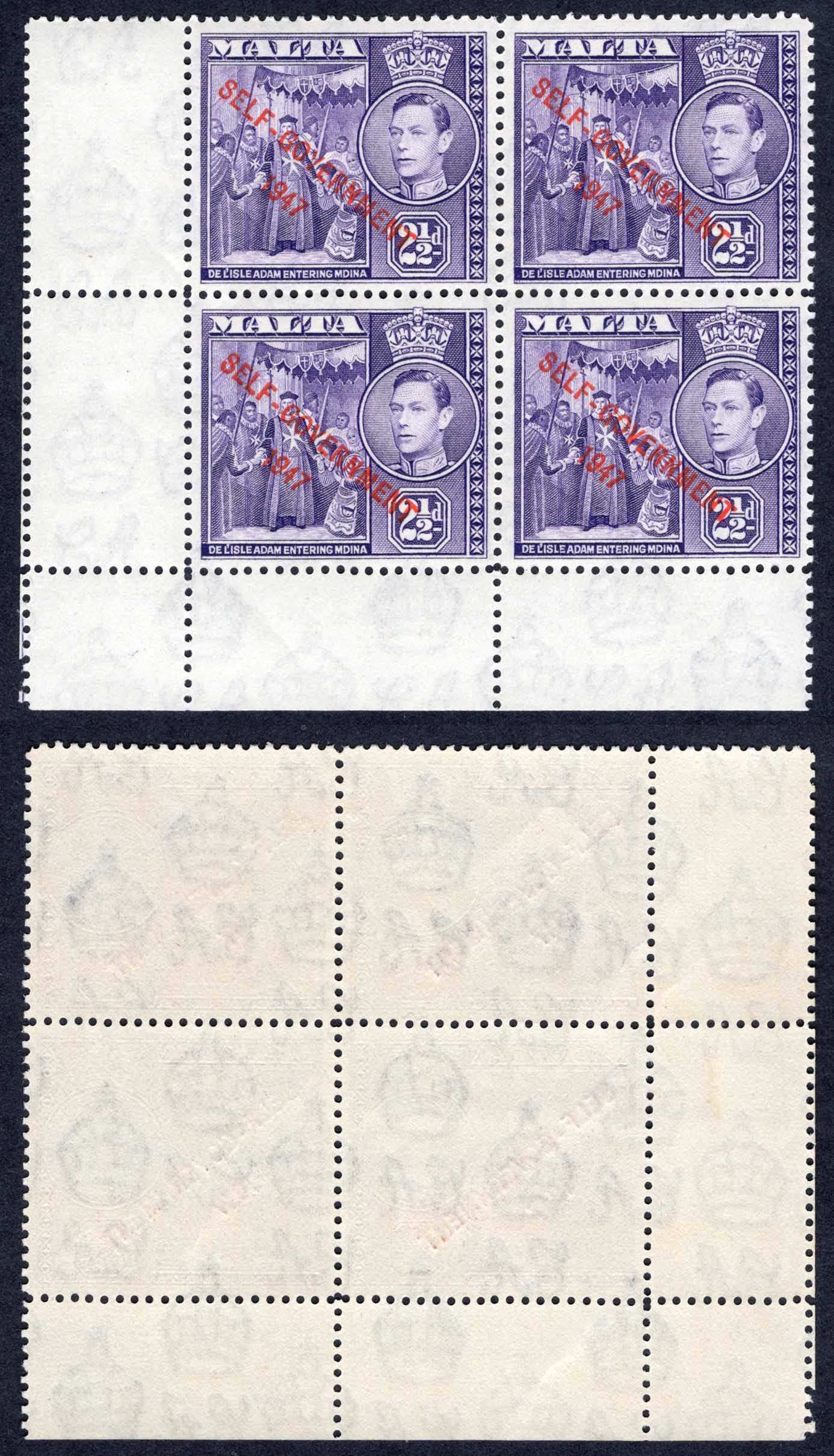Malta SG239 2 1/2d with R6/1 Large NT in overprint M/M