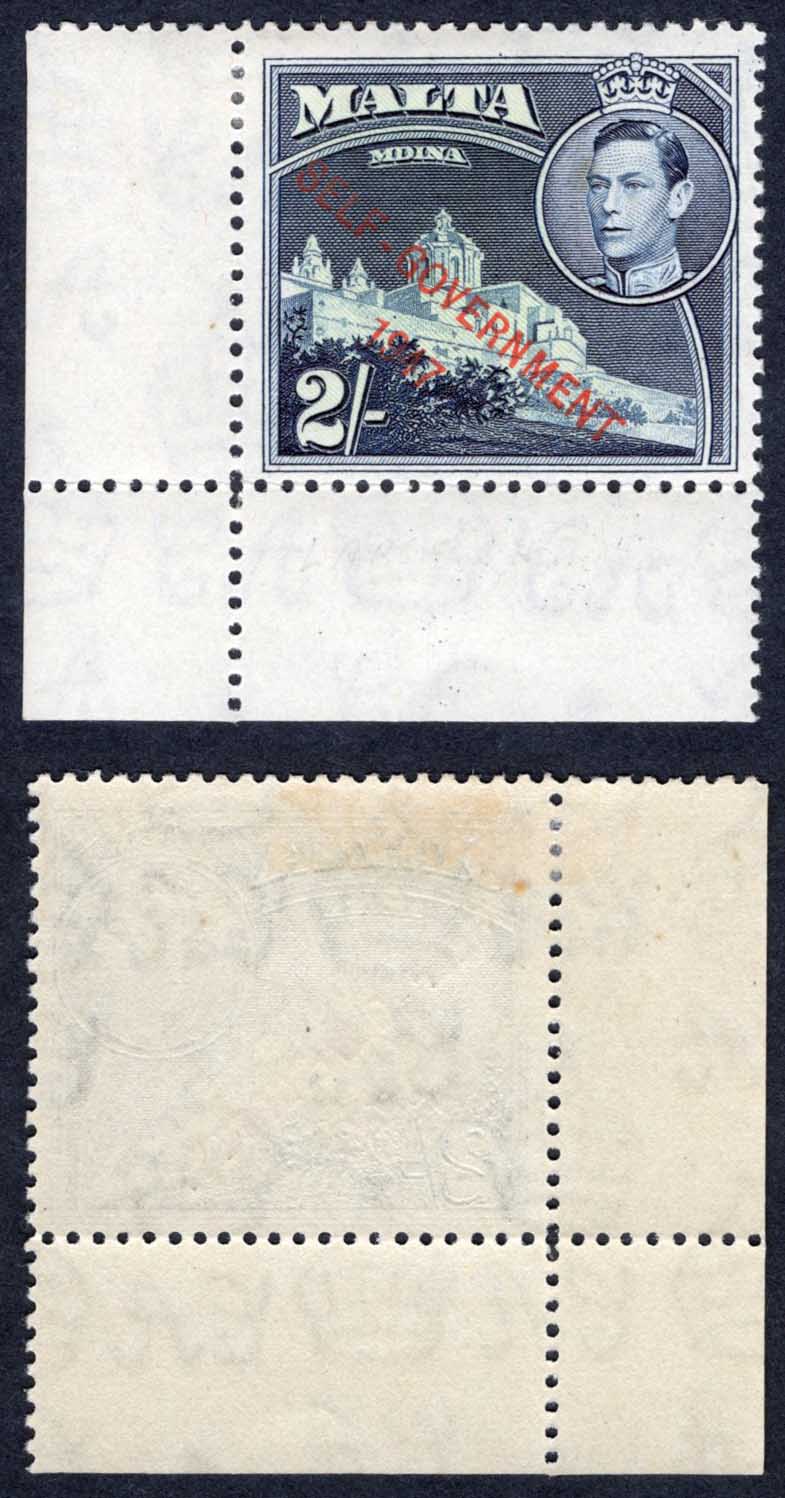 Malta SG245 2/- with R6/1 Large NT in overprint M/M