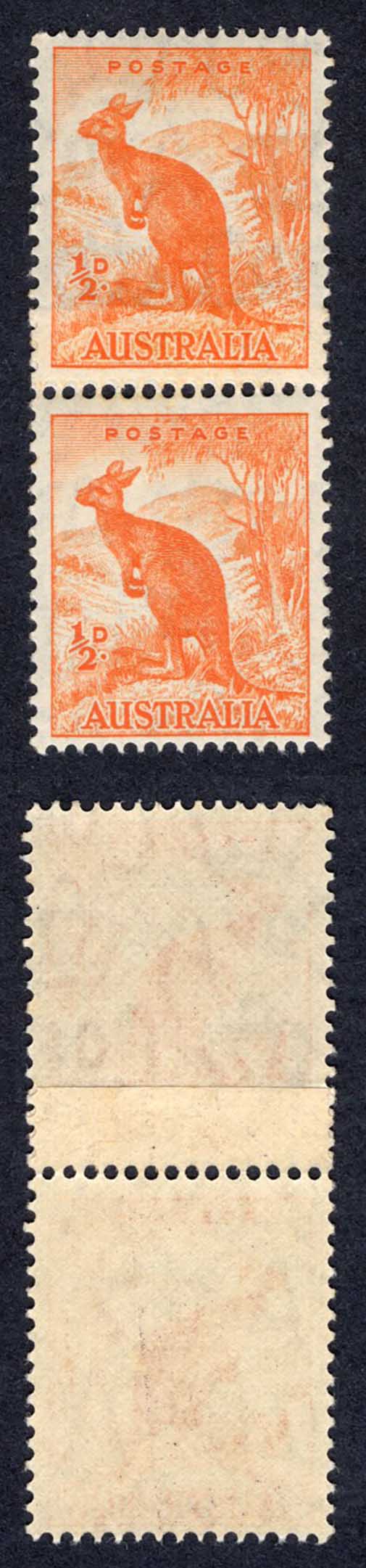 Australia SG179b 1/2d Orange Wmk Coil Join PAIR M/M Cat 23++ pounds