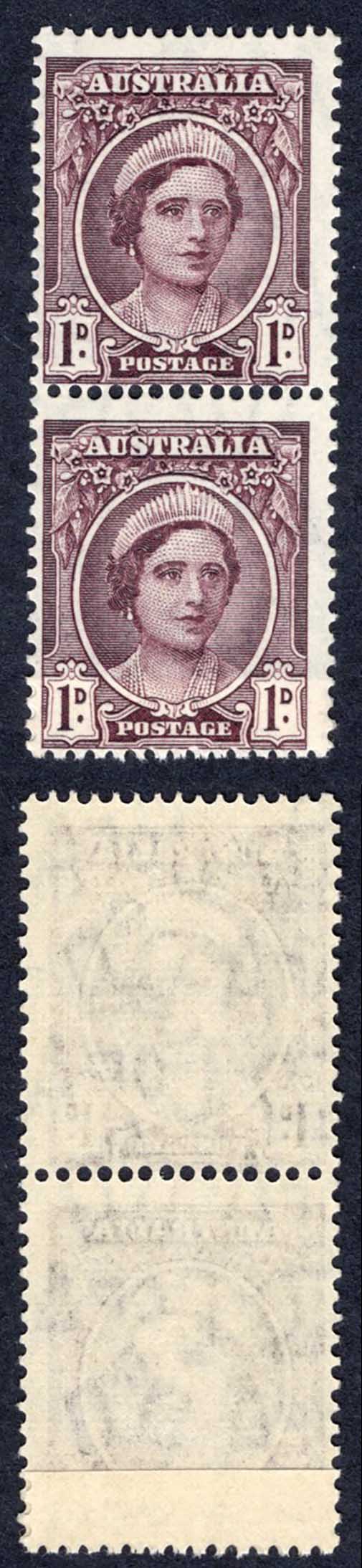 Australia SG203a 1d Brown Purple Coil Pair (join at base) U/M Cat 25 pounds