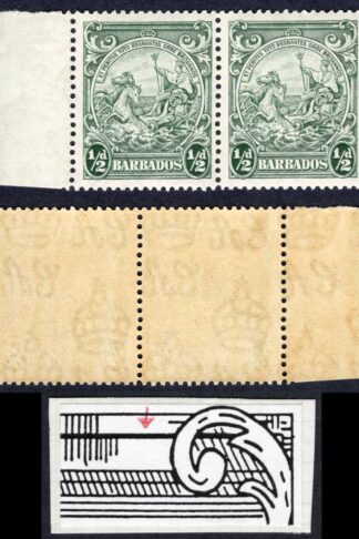 Barbados SG248 1/2d Perf 13.5 x 13 R9/2 Weak entry at top U/M