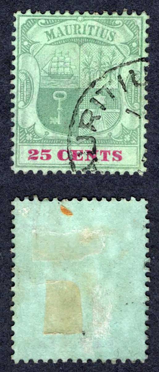 Mauritius SG151a 25c Green and Carmine/green (Chalky) used Cat 30 pounds