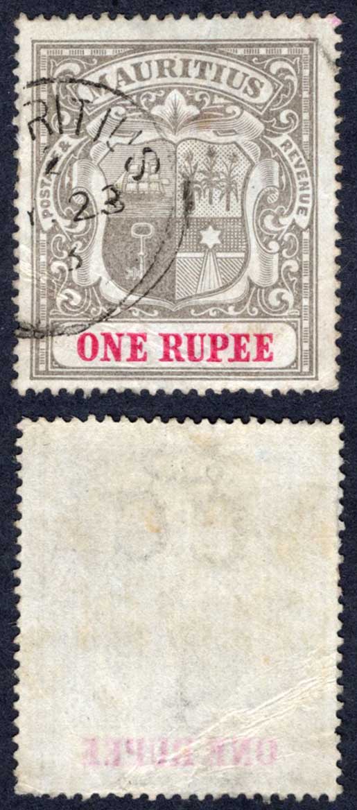 Mauritius SG153 1r Grey-black and Carmine Wmk CC used Cat 70 pounds